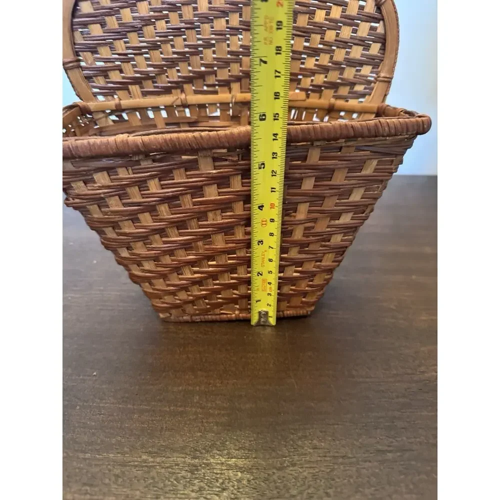 Woven Wicker Basket Two Tone Brown Pocket Flat Back Boho Farmhouse Decor Storage